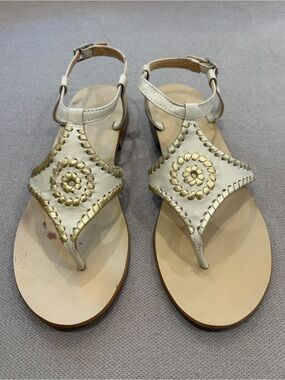 Jack Rogers White Leather Sandals with Gold Stitching